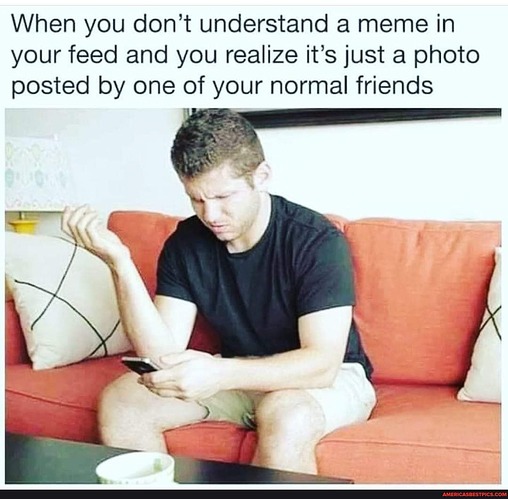 when you dont understand a meme in your feed and you realize its just a photo posted by one of your normal friends